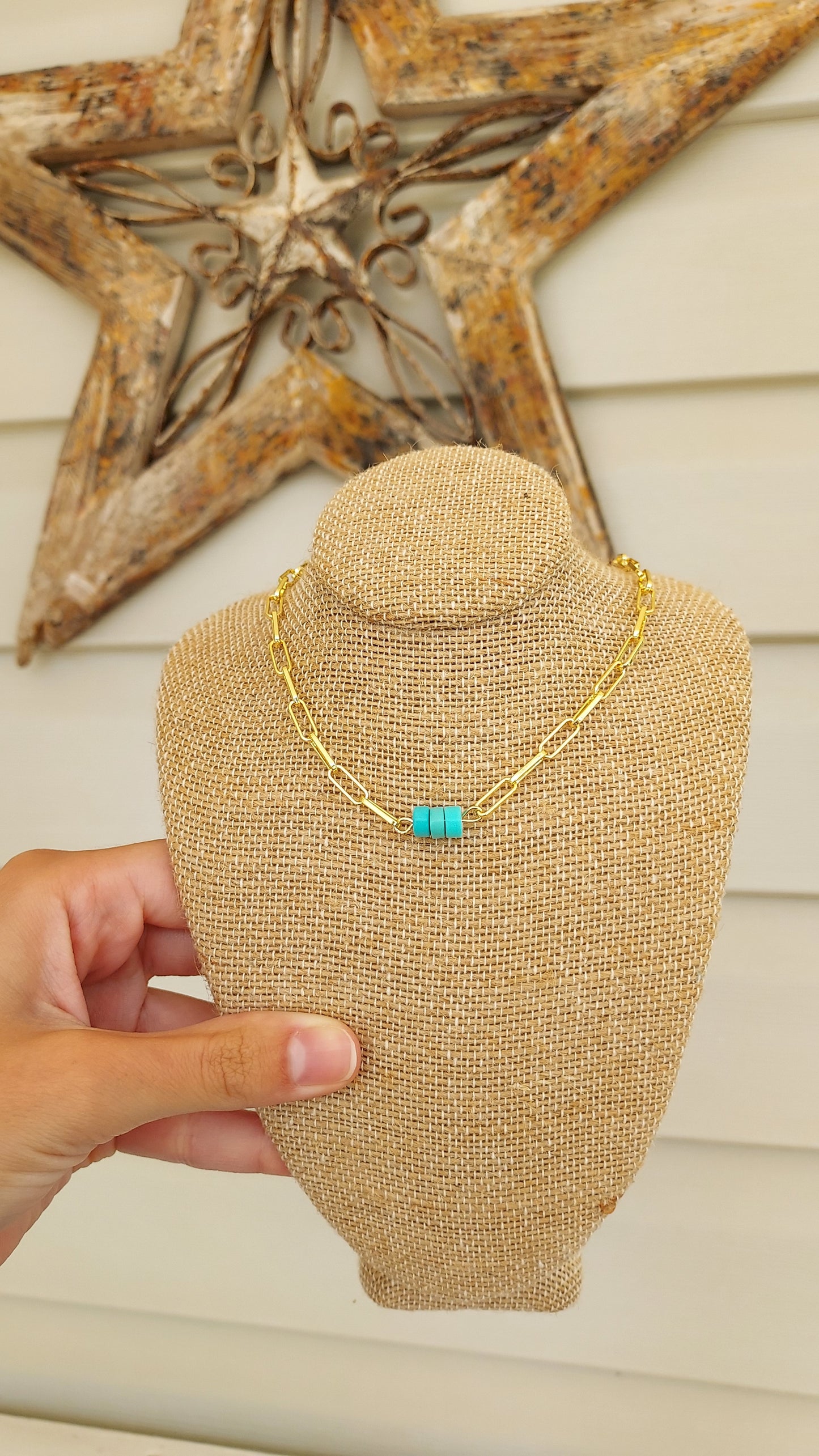 Dainty golden paperclip and turquoise choker