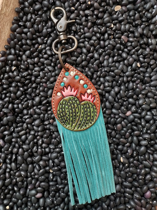 Peachy cactus hand tooled heychain