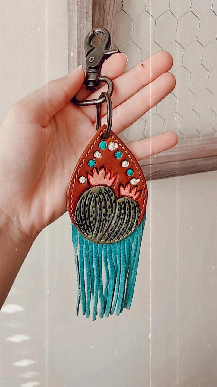 Peachy cactus hand tooled heychain