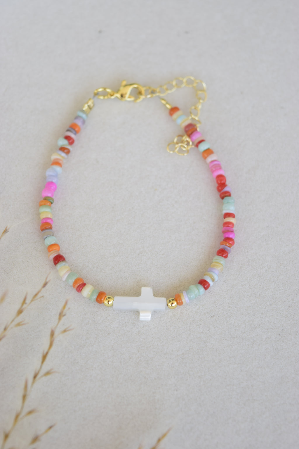 Multicolored shell and mother of pearl gold filled bracelet