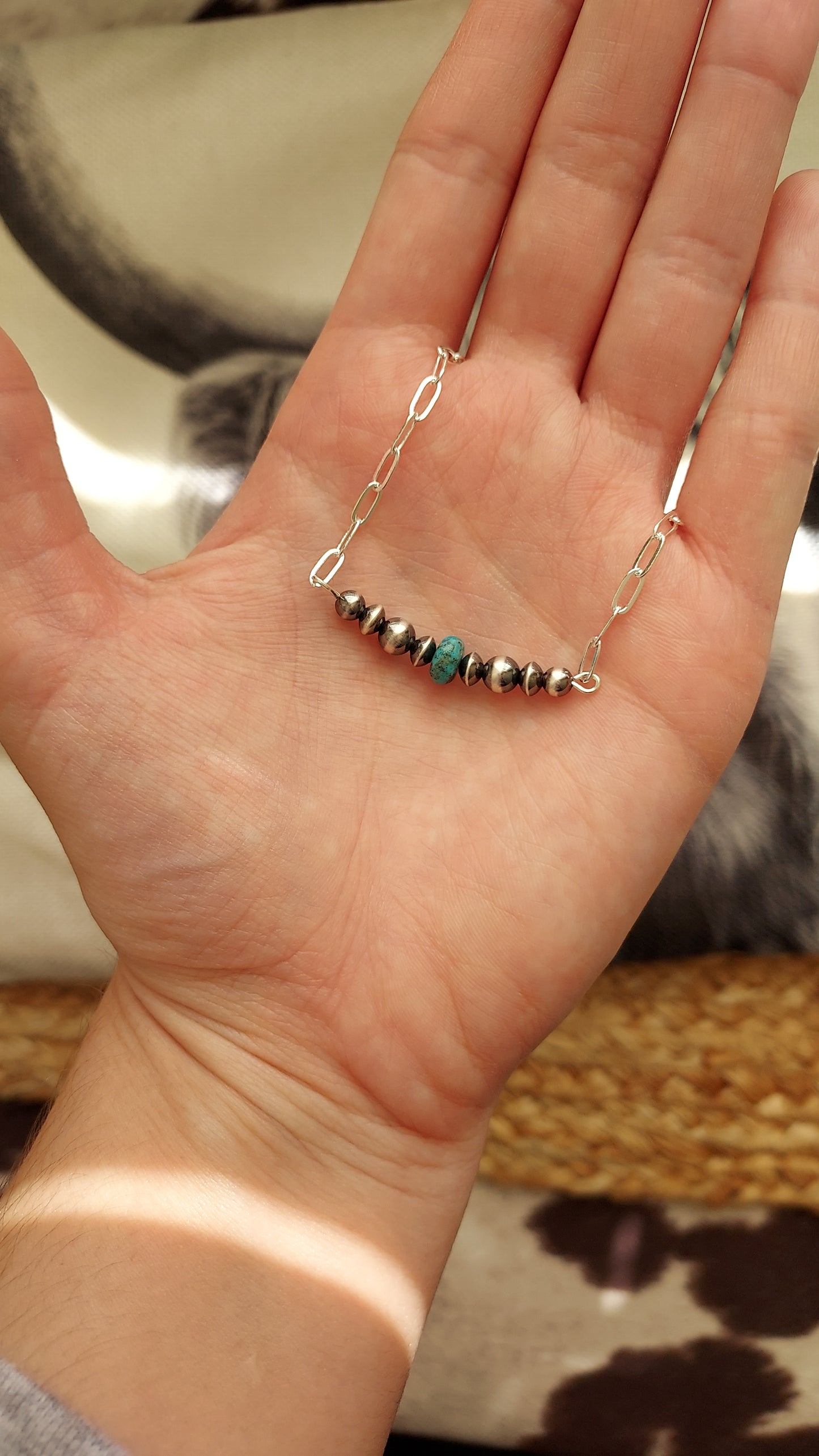 Sterling silver pearl and turquoise bar necklace