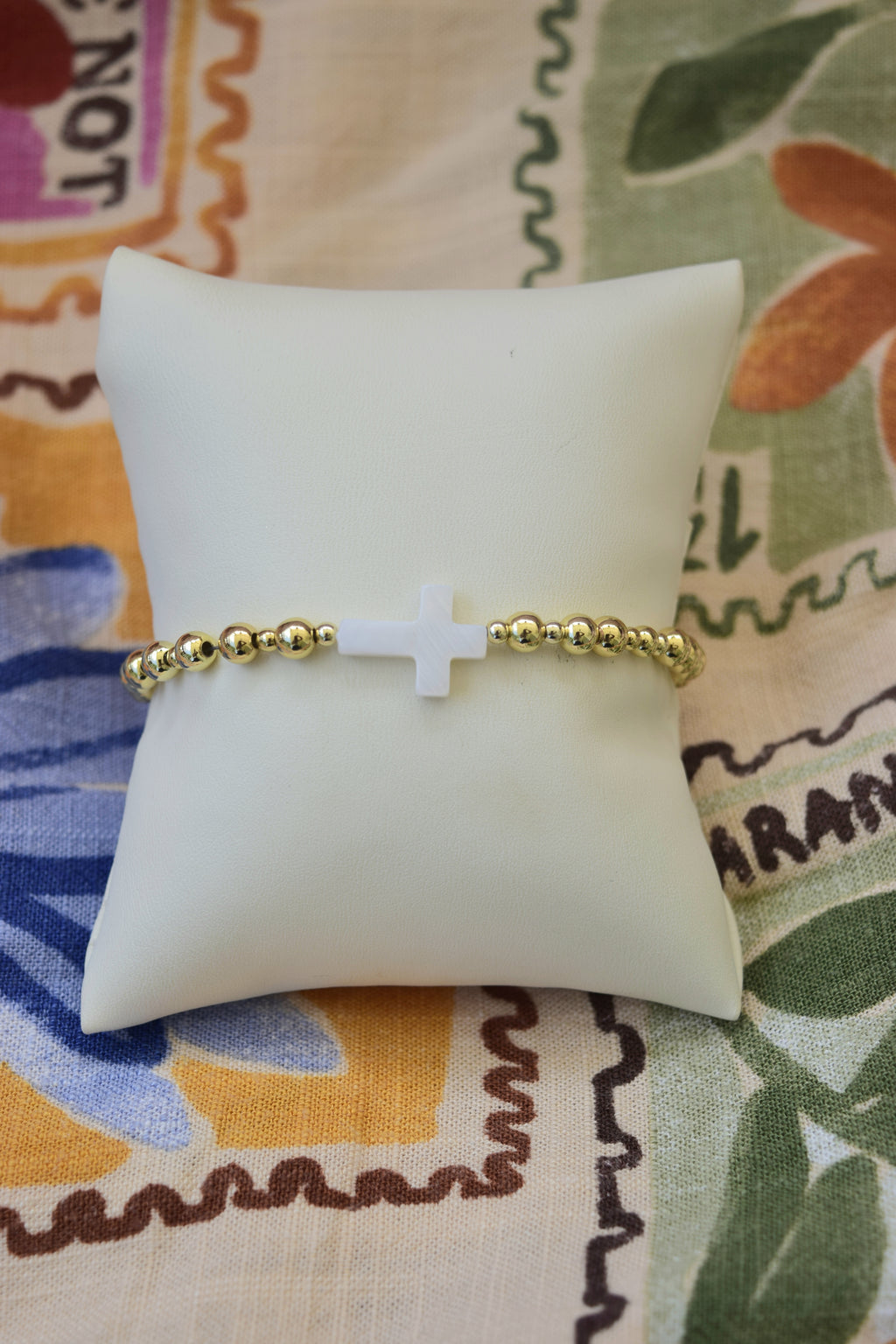 Mother of pearl and gold filled cross bracelet