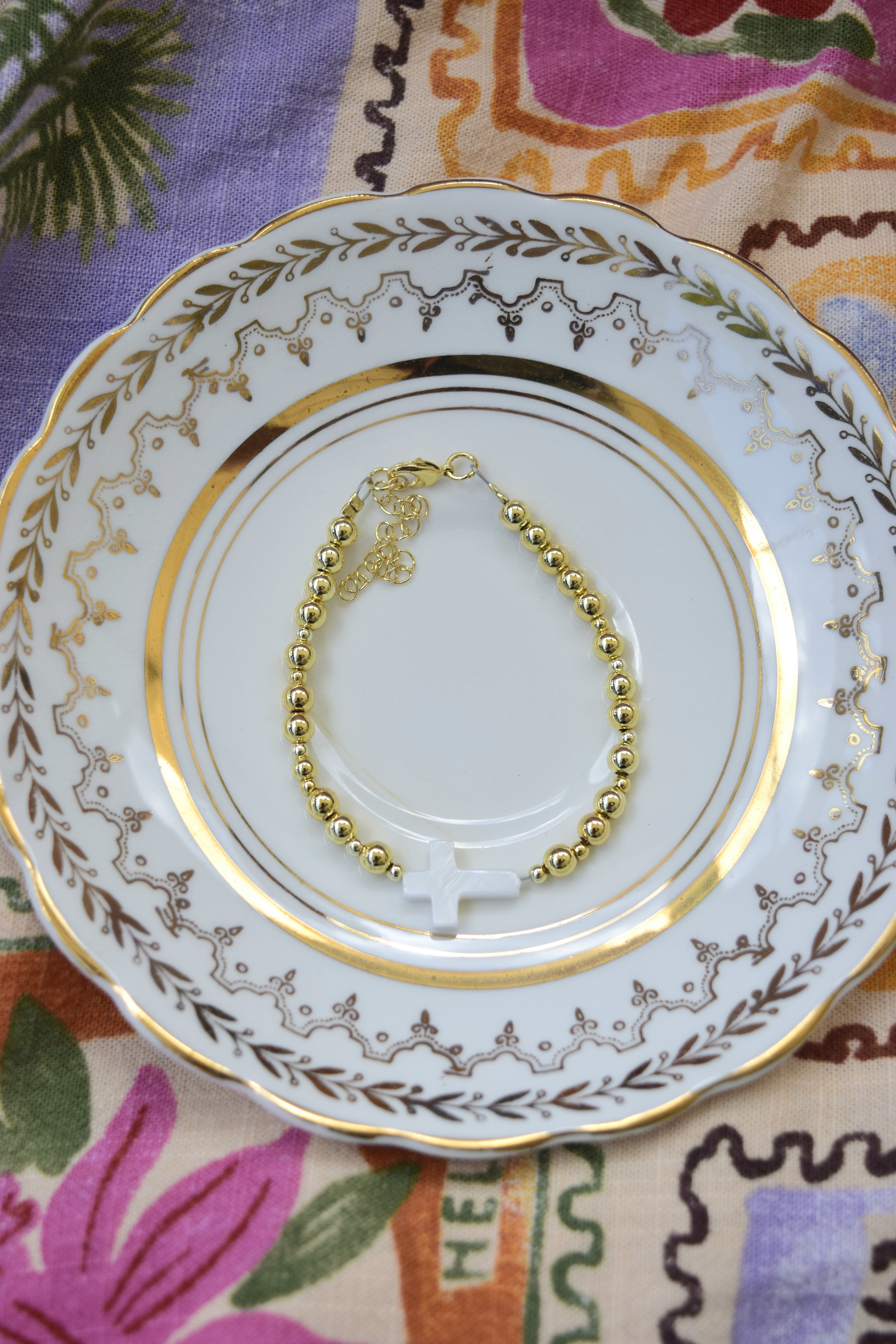 Mother of pearl and gold filled cross bracelet