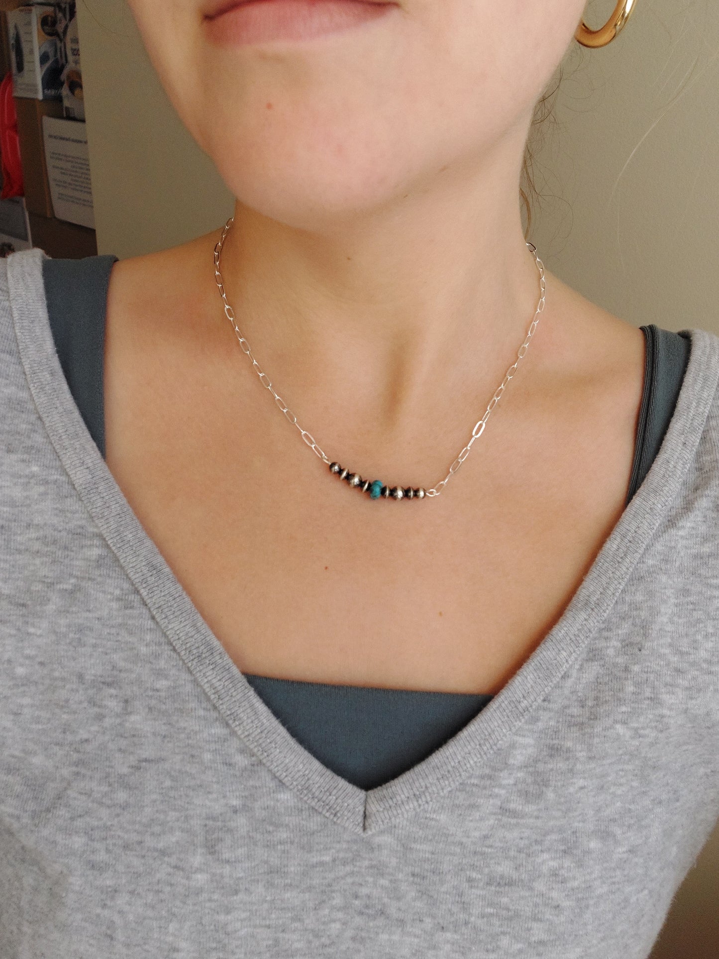Sterling silver pearl and turquoise bar necklace