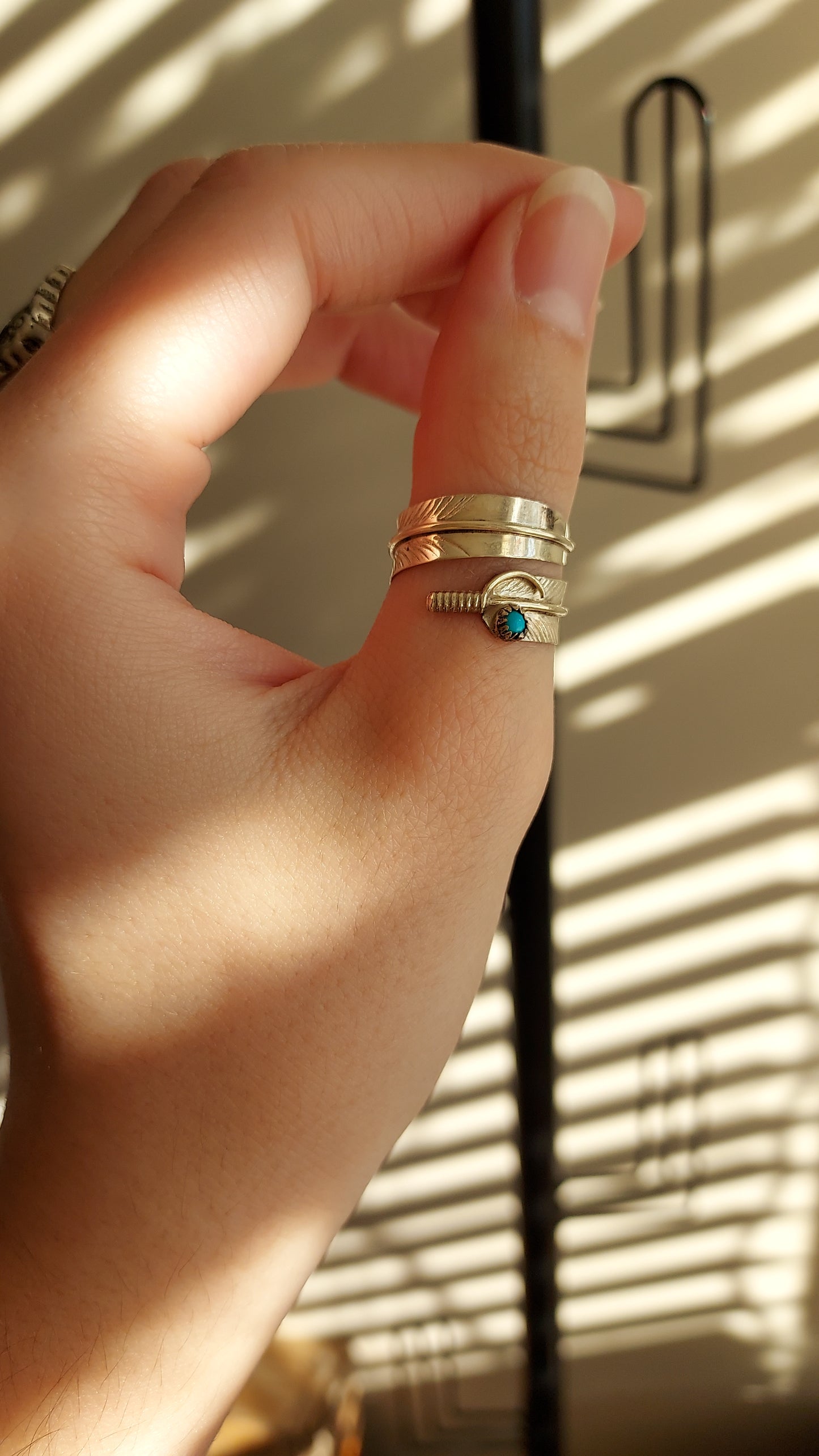 Genuine 925 sterling silver and turquoise feather wrap ring