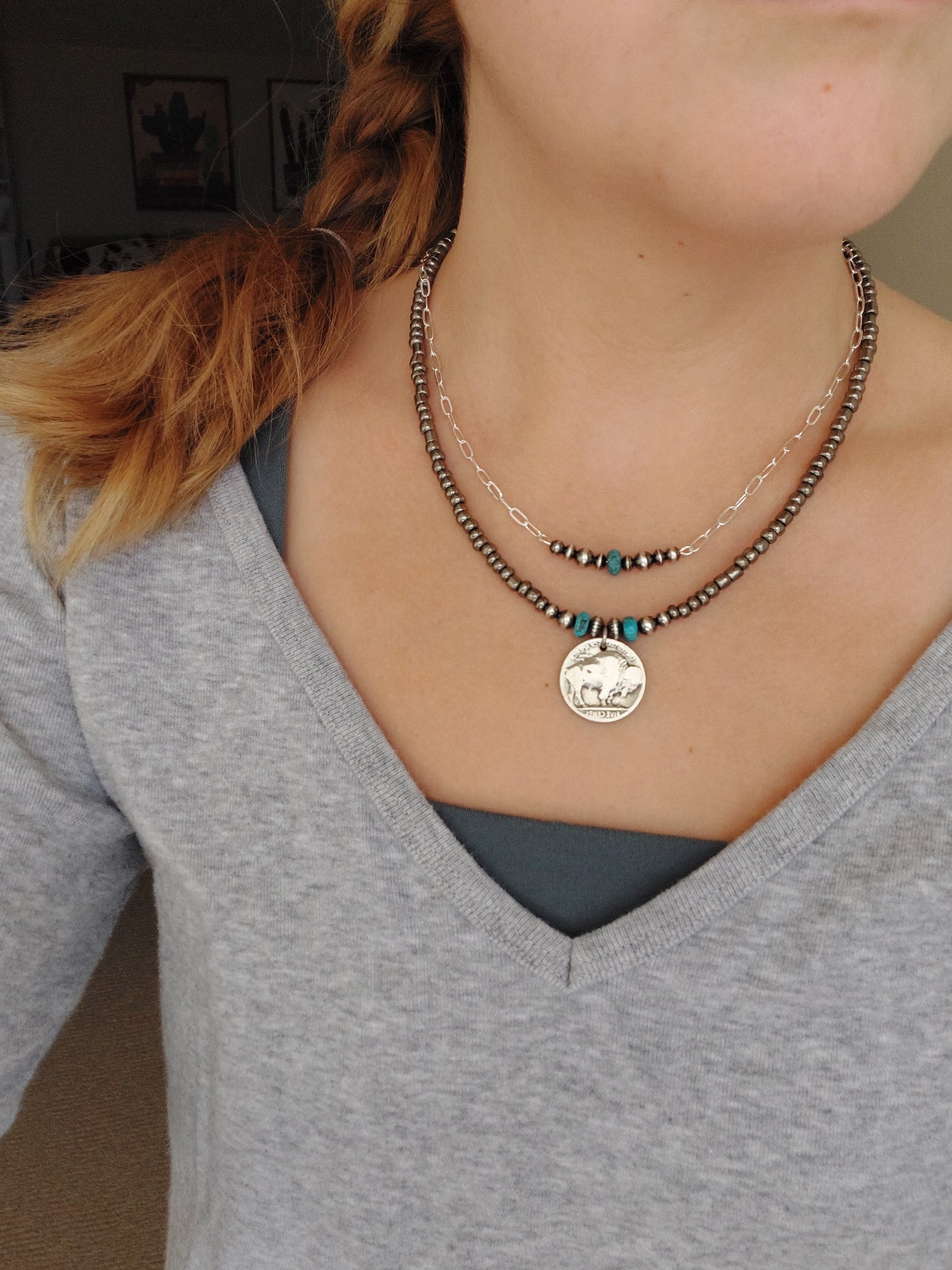 Sterling silver pearl and turquoise bar necklace