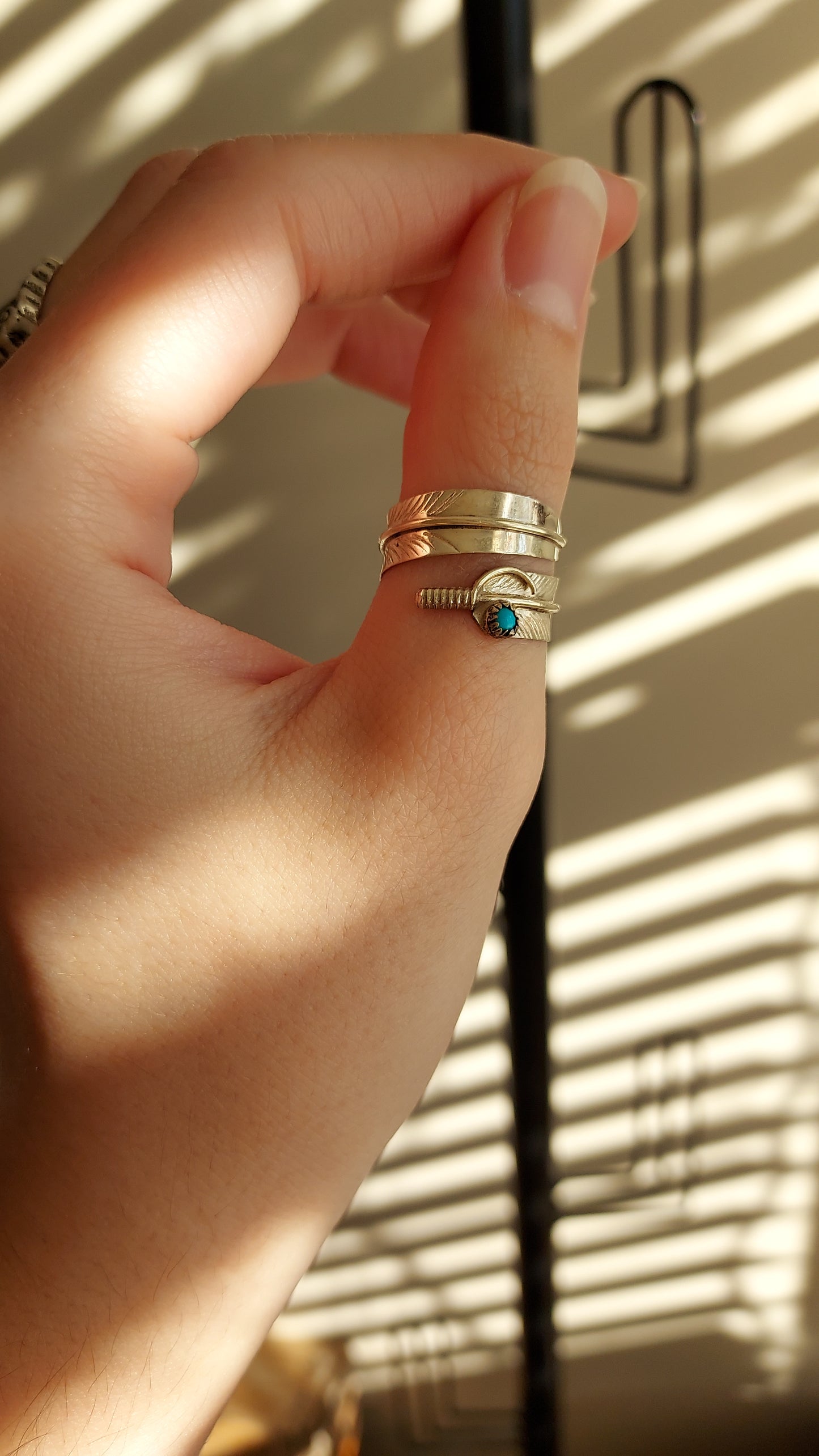 Genuine 925 sterling silver and turquoise feather wrap ring