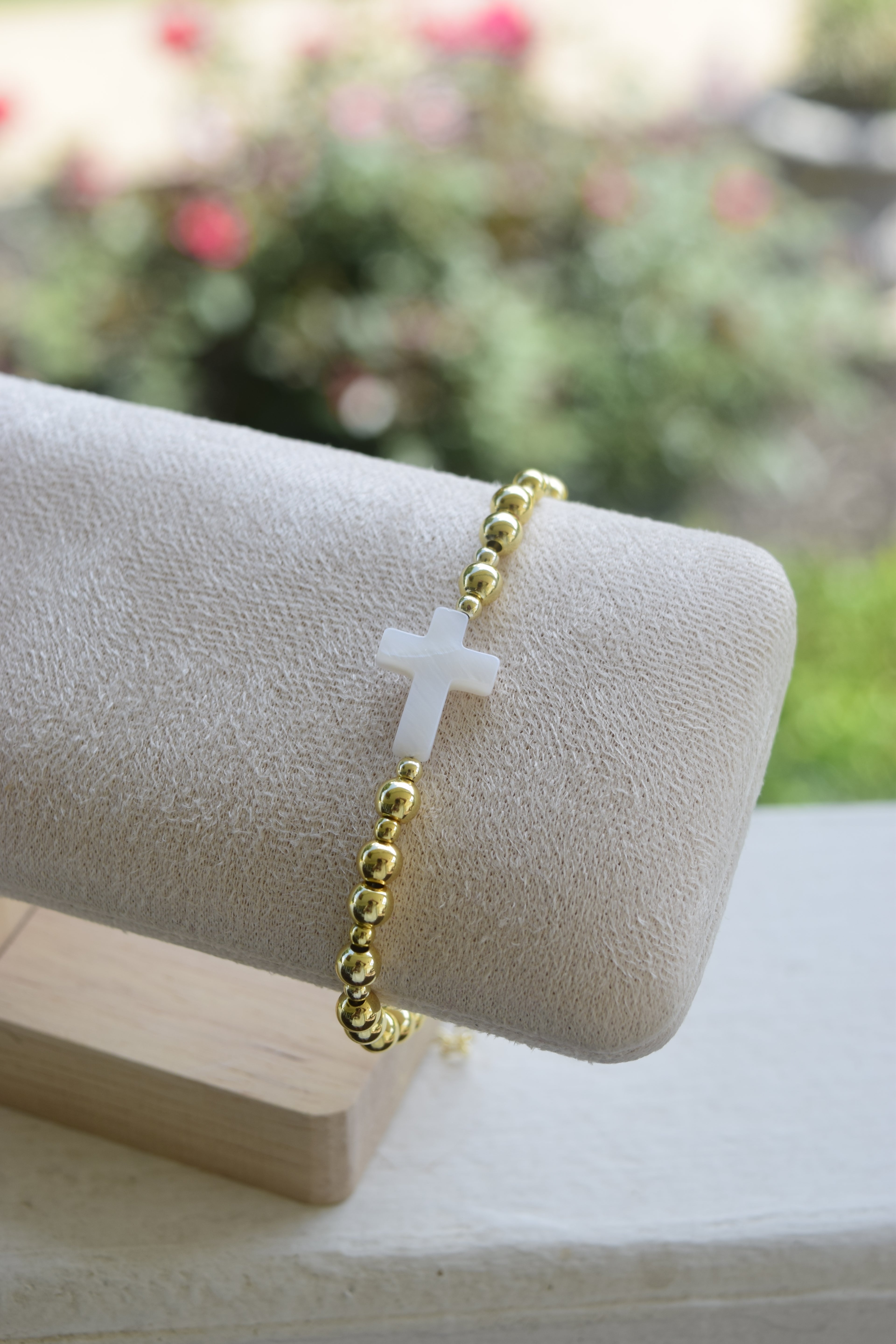 Mother of pearl and gold filled cross bracelet