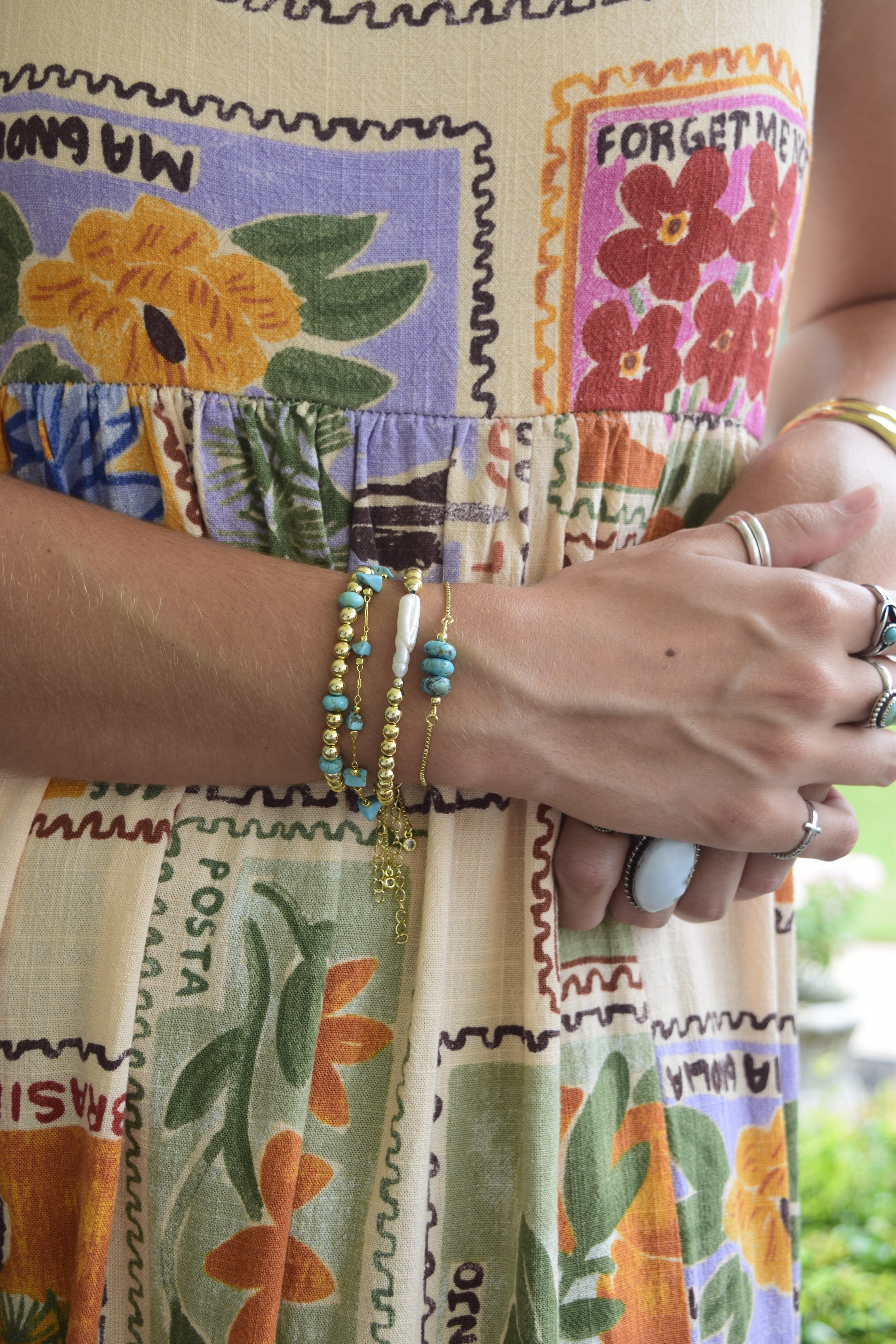 California Coast -Genuine Turquoise and Gold filled Stretchy Bracelet