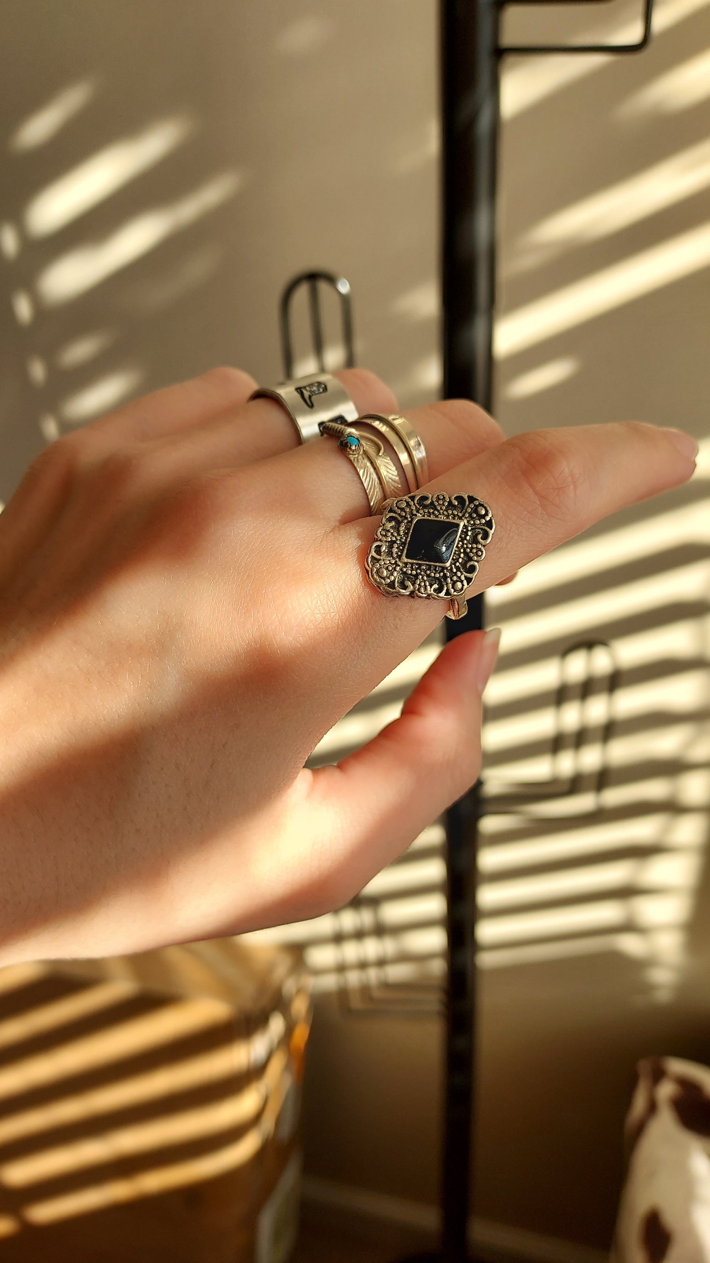 Antique metal black stone ring