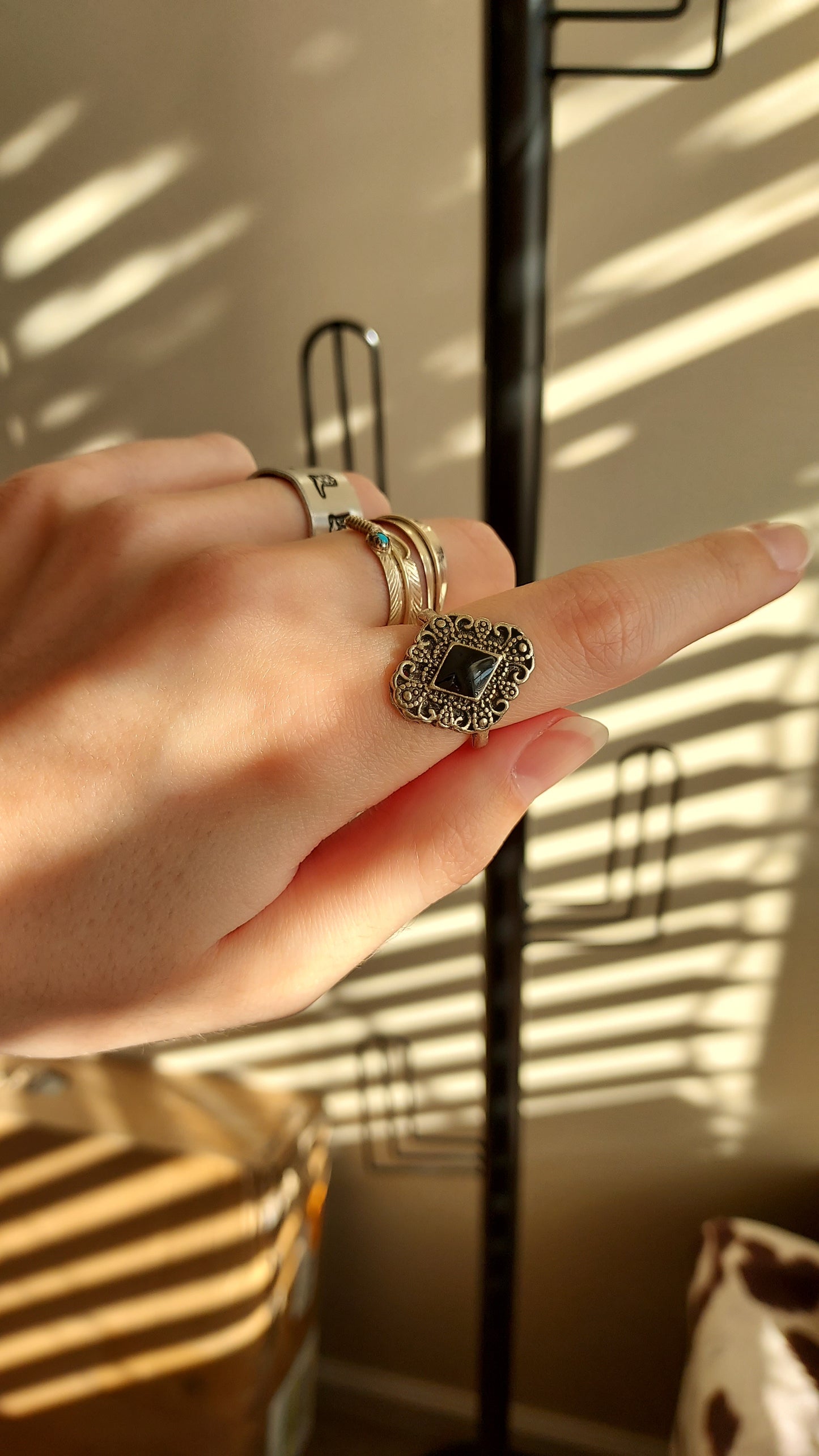 Antique metal black stone ring