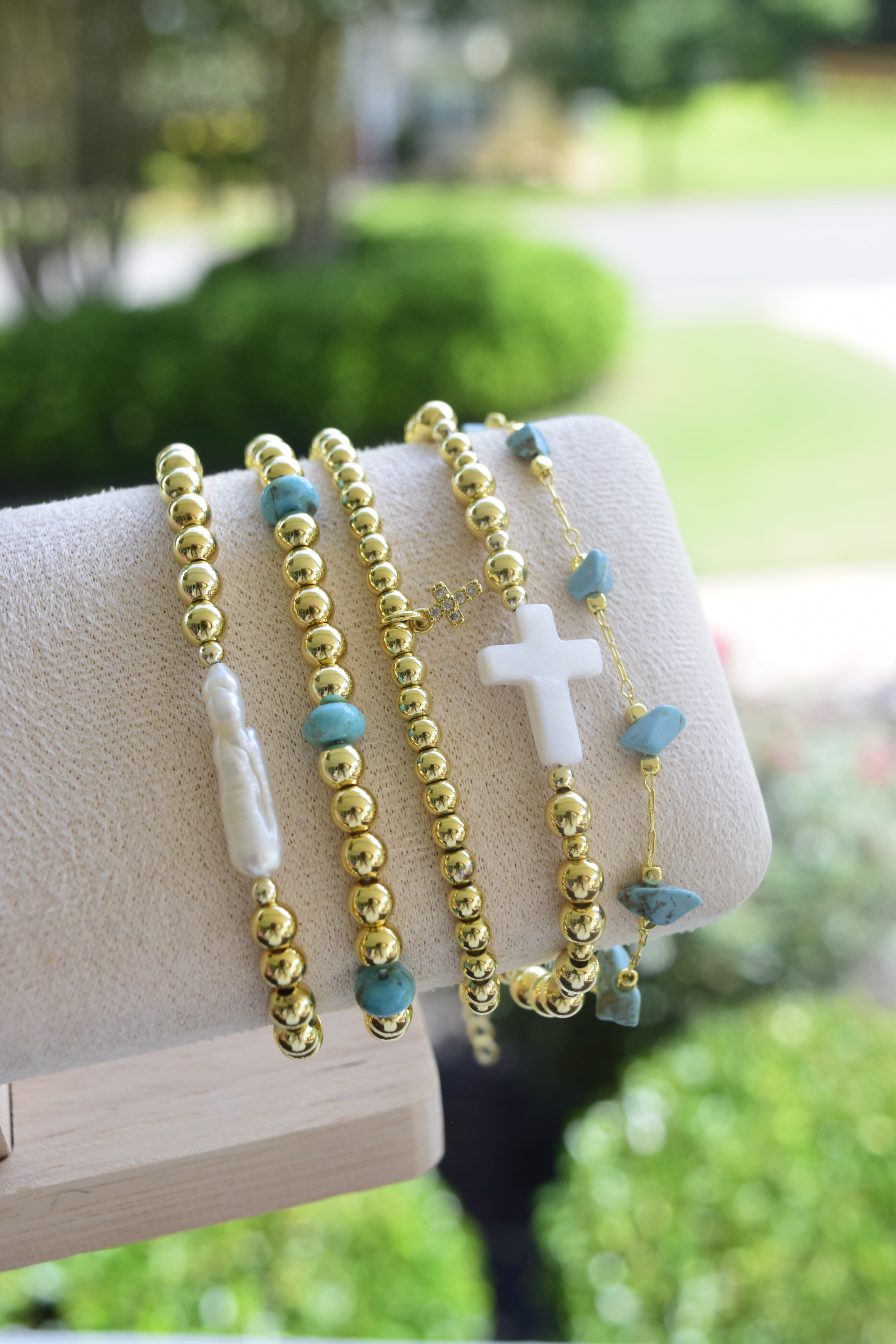 Mother of pearl and gold filled cross bracelet