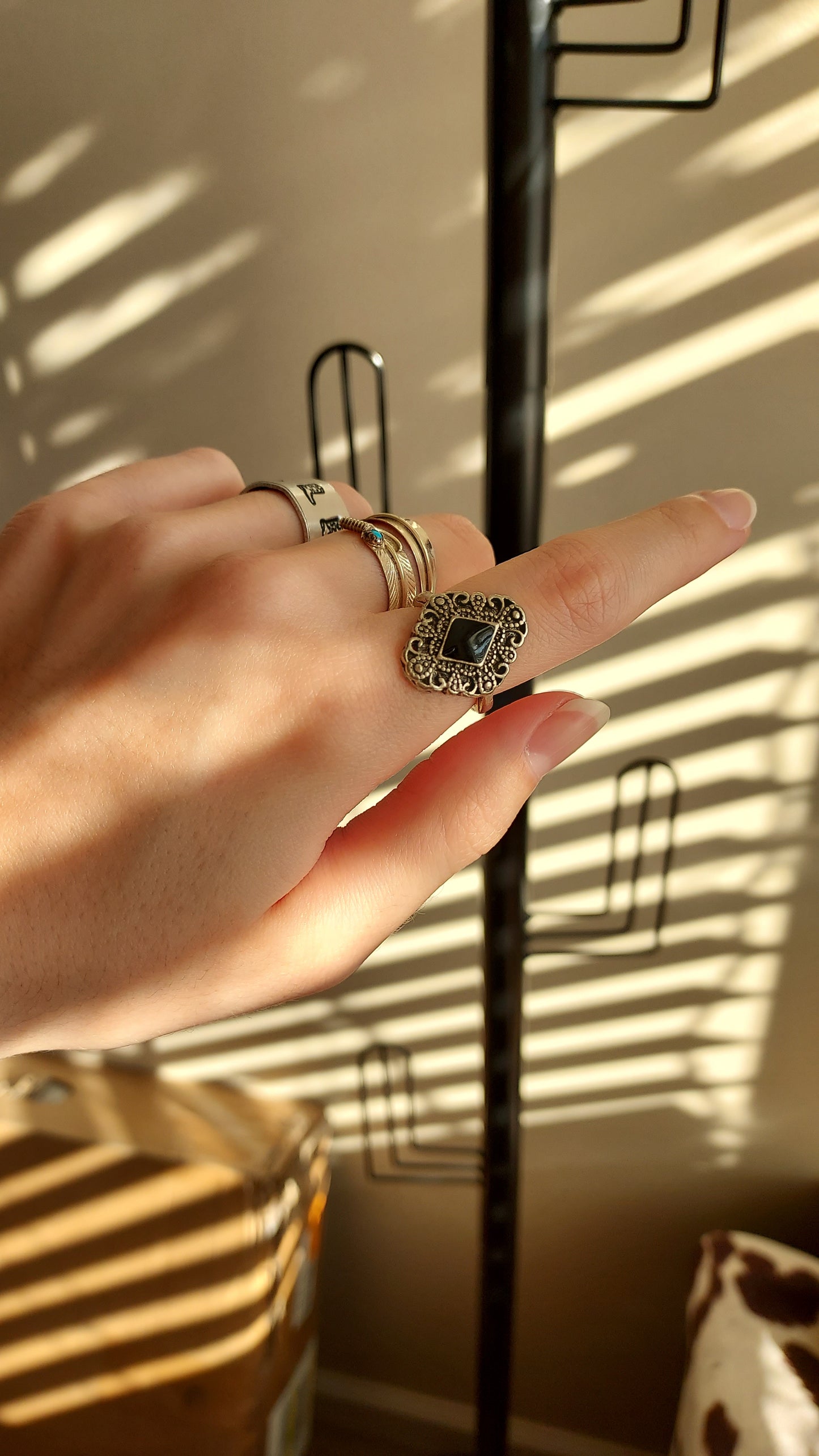 Antique metal black stone ring