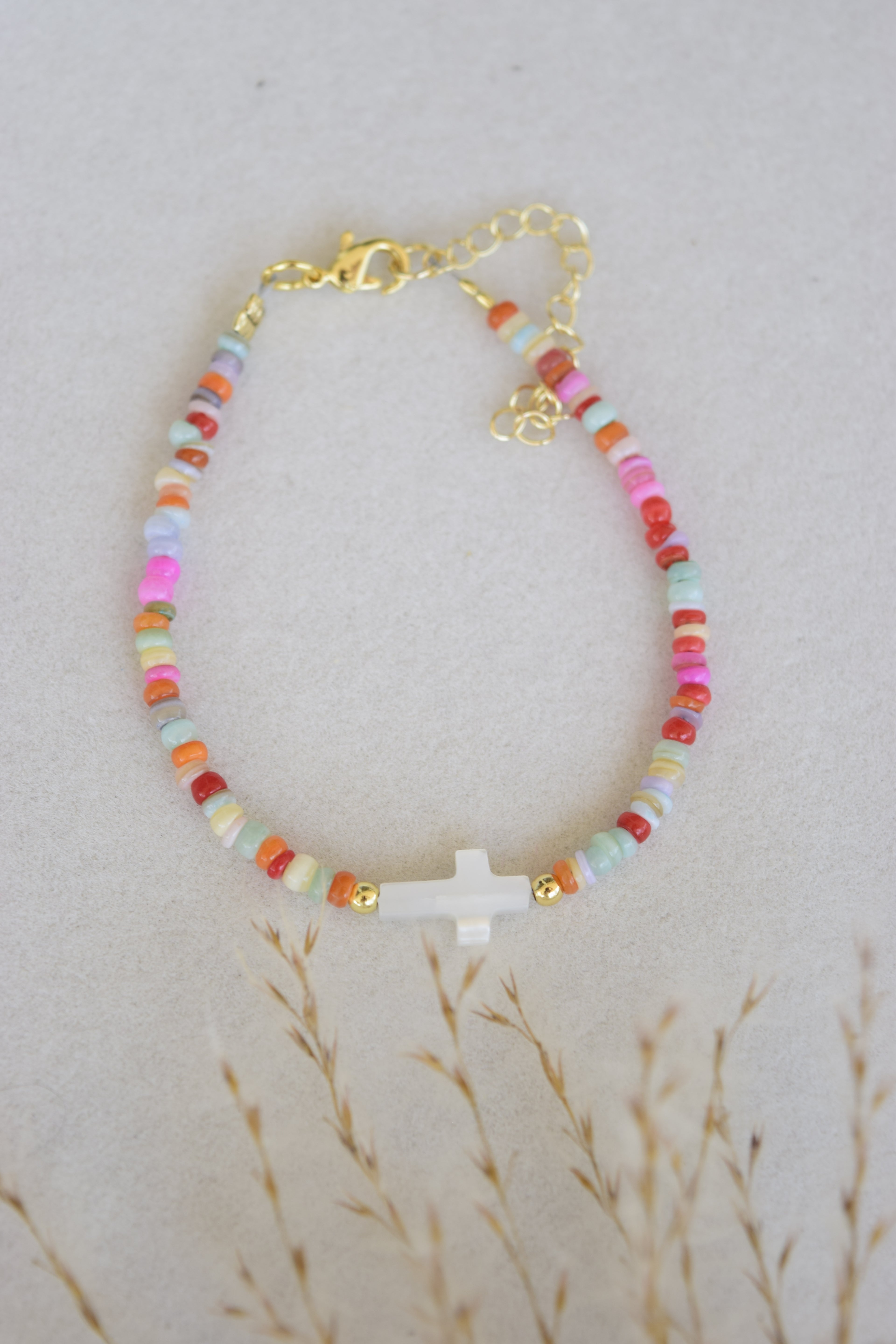 Multicolored shell and mother of pearl gold filled bracelet