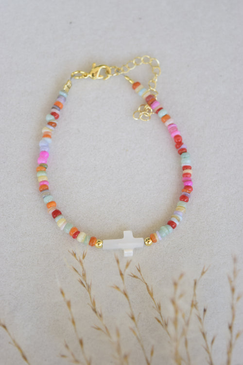 Multicolored shell and mother of pearl gold filled bracelet